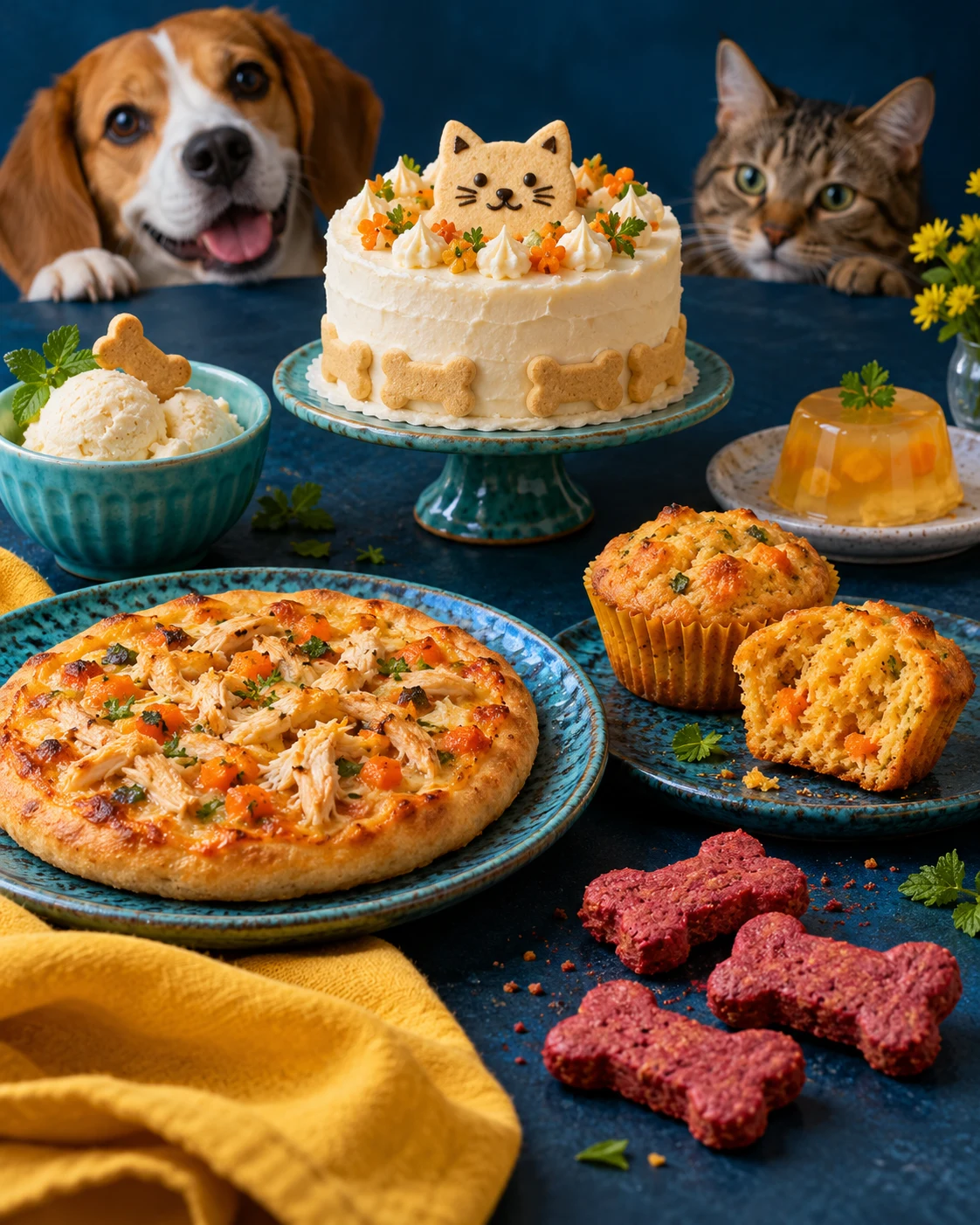 Preparaciones ilustrativas: petzza, galletas, muffins, pastel, helado y gelatina